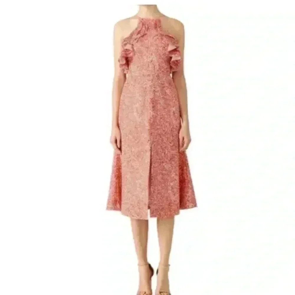 C/meo COLLECTIVE halter fitted ruffle midi dress open back M ulla Anthropologie
